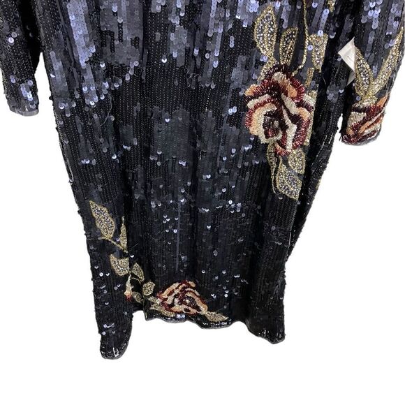 Mac Duggal Dress 20 Blue Sequined Floral Long Sleeve Midi Dress 93624 Modest - Picture 4 of 16